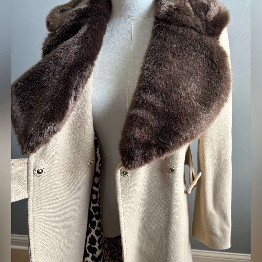 Kate Spade Briella 100% Wool Belted Coat With Faux Fur Trim - Picture 7 of 11